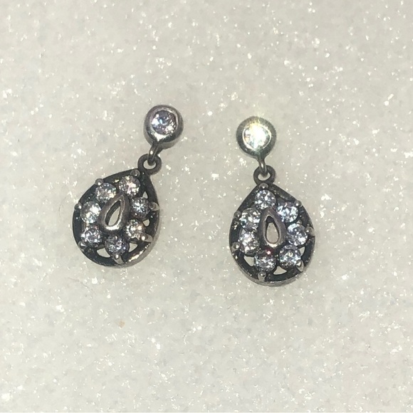 vintage Sterling & White Cz Stone Fancy Pear Shape Teardrop Dangle Studs .8” - Picture 2 of 7